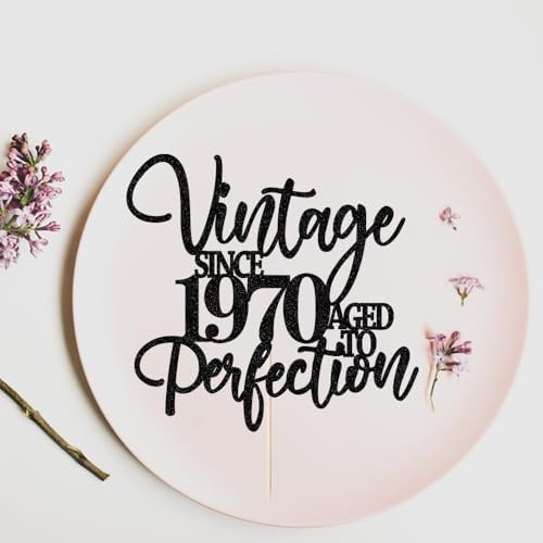 Kaoenla Glitter Vintage Since 1970 Cake Topper, Black Sparkle Aged to Perfection 56th Birthday & Anniversary Party Cake Decoration