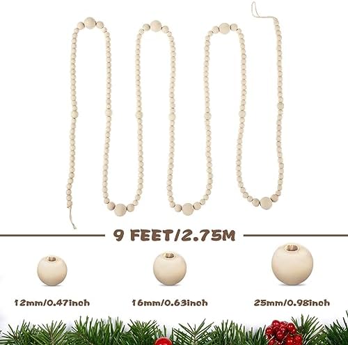 ceenna 8 pcs 9ft rustic christmas wooden bead, close-up detail