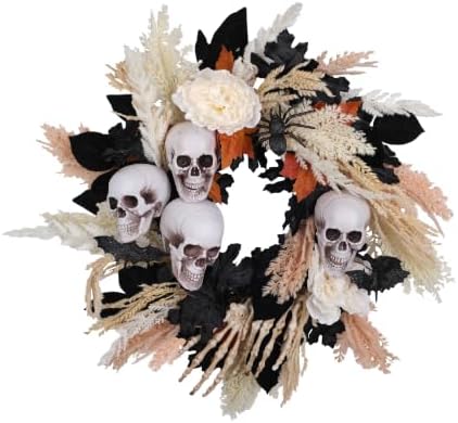 24" Halloween Wreath for Front Door with Artificial Skulls, Wheat, Maple Leaves and White Peonies - Fall Halloween Holiday Decoration for Home Door Wall Indoor/Outdoor