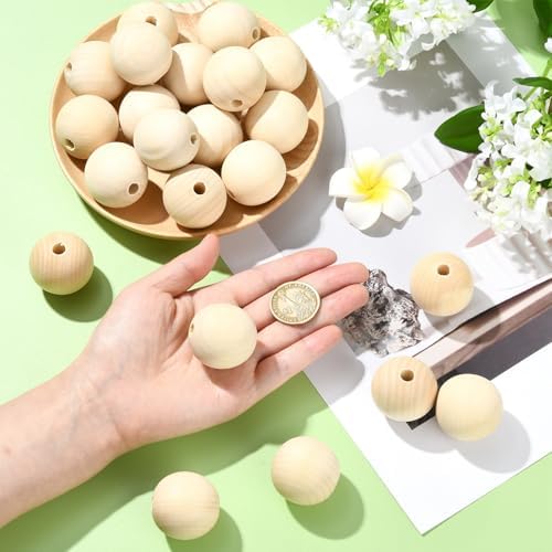 ornazy 100pcs natural wood balls with big hole, side view