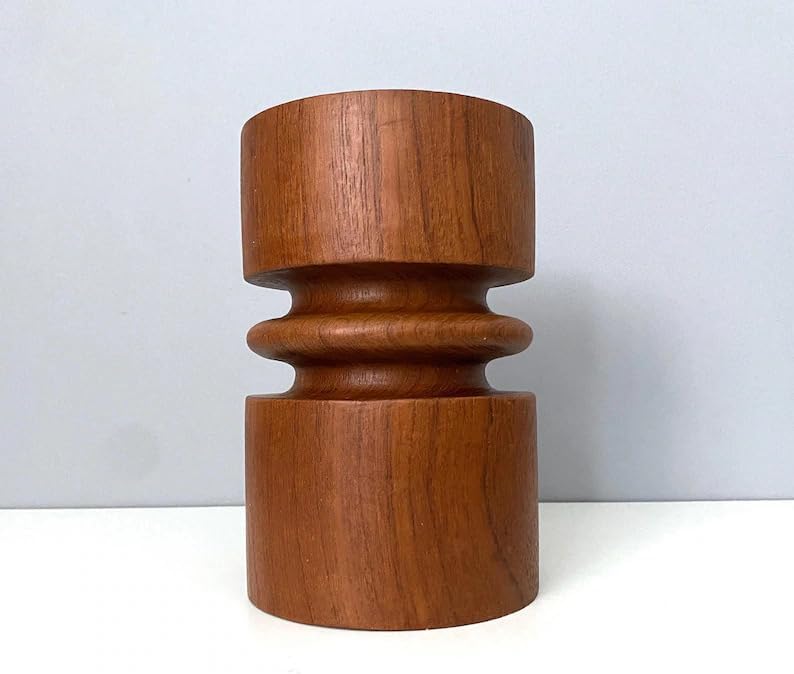 Mid-Century Modern Wooden Vase, Minimalist Sculptural Flower Holder, Natural Brown Wood Decorative Vase for Living Room Tabletop Bedroom Office, Handcrafted Round Vase