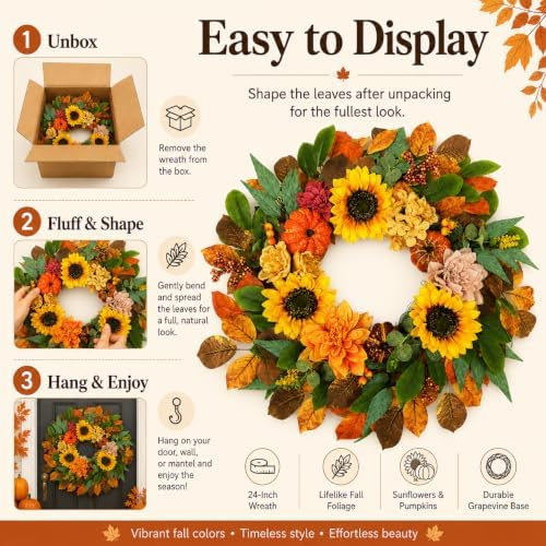 24 inch fall wreaths for front door with, front angle view