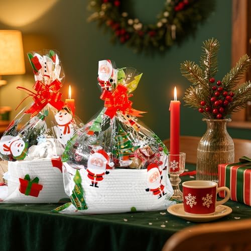 teenyyou 18 pcs christmas woven baskets with cellophane on a desk or shelf