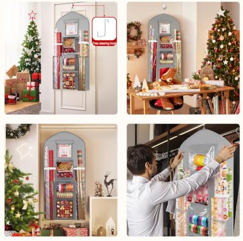 hanging wrapping paper organizer storage, over door gift showing dimensions