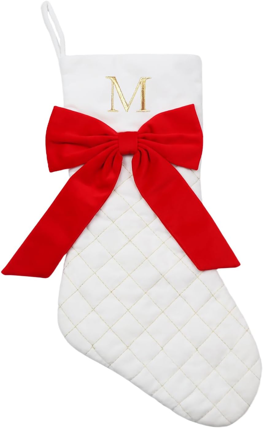 Personalized Christmas Stockings 20 Inch Large, White Xmas Stocking with Gold Embroidered Initial and Red Bow, for Christmas Tree Fireplace Holiday Decor (M)