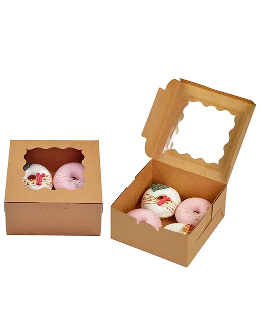 Bakepacker 100pcs Kraft Cookie Boxes 6x6x3 inches Easy Assemble Macaroon Pastry Boxes Bakery Boxes with Window for Bakery