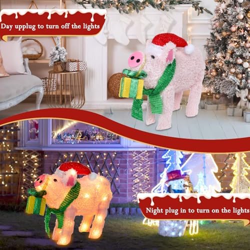 15" lighted christmas pig, 3d pre‑lit indoor outdoor showing dimensions