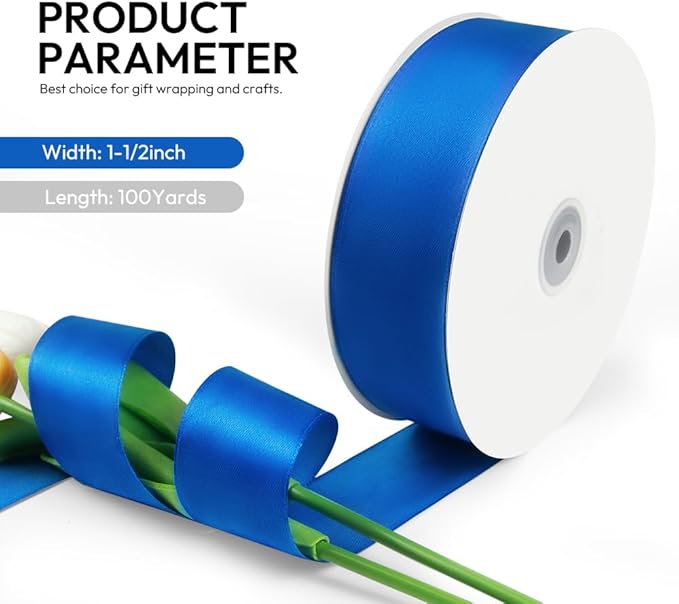 1-1/2 Inch 100 Yards Satin Ribbon Royal Blue, Solid Color Fabric Ribbon for Gift Wrapping, Wedding, Polyester Gift Ribbon for Birthday Party Decoration, Craft, Hair, Floral, Sewing