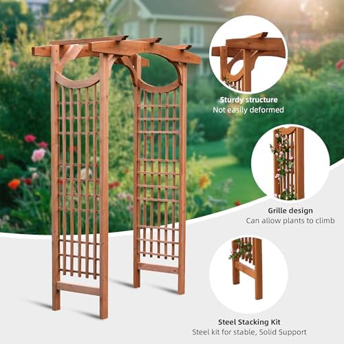 solid fir wood garden arch trellis for climbing, front angle view