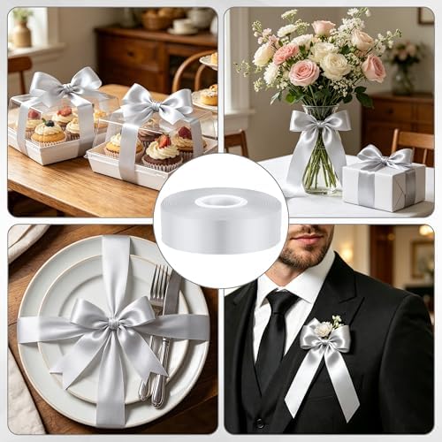 1In 30Yards Silver Satin Ribbon for Flower Bouquet Christmas Wedding Party | Metallic Glossy, Wear Resistant, Easy Cut, Soft Thick Polyester, Double Stitched Edges, for Bouquets, Lei Making and Crafts