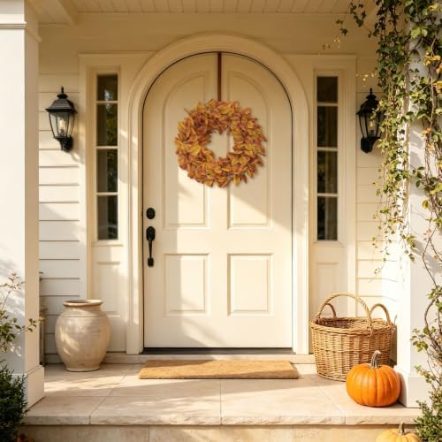 20" fall wreath for front door, artificial autumn, front angle view