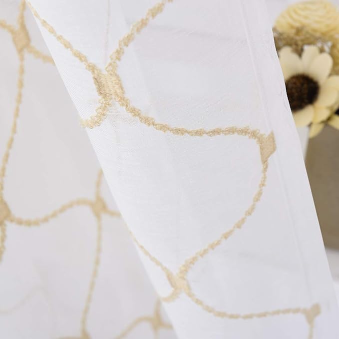 Sheer Curtains Gold 95 Inches Long, Embroidered Wave Diamond Window Treatments Rod Pocket Drapes for Living room, Bedroom, Semi Crinkle Voile Curtain Panels for Yard, Patio, Villa, Set of 2, 52"x95".