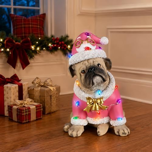 lighted christmas bulldog statue, pink outfit, close-up detail