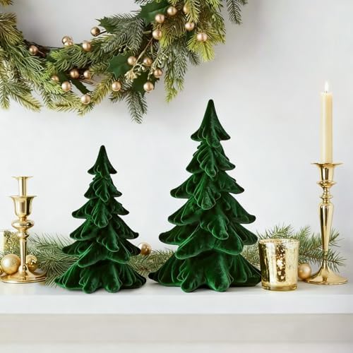 dn deconation flocked christmas tree figurines, green velvet showing dimensions