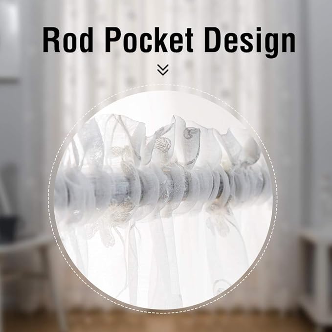 Floral Embroidery Sheer Curtains White 63 Inch Length, Rod Pocket Voile Drapes for Living room, Bedroom, Window Treatments Semi Crinkle Curtain Panels for Yard, Patio, Villa, Set of 2, 52"x 63".