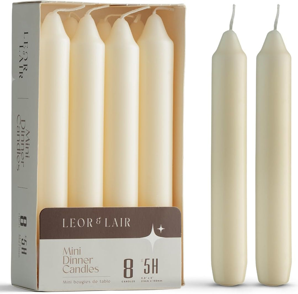 Leor & Lair Ivory Candlesticks – Pack of 8 Small Candle Sticks – 6 Inch Taper Candles with Cotton Wick – 5 Hour Burn Cream Taper Candles for Events, Holiday & Home Décor