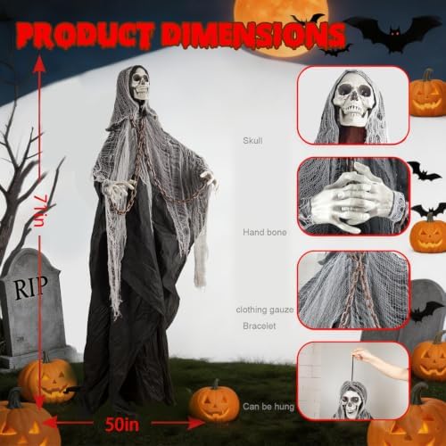 halloween skeleton with led red glowing eyes, sound shown in use
