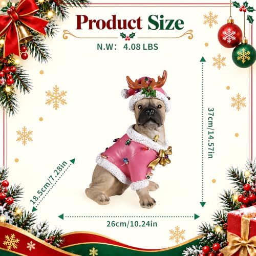 lighted christmas french bulldog statue, pink outfit and shown in use