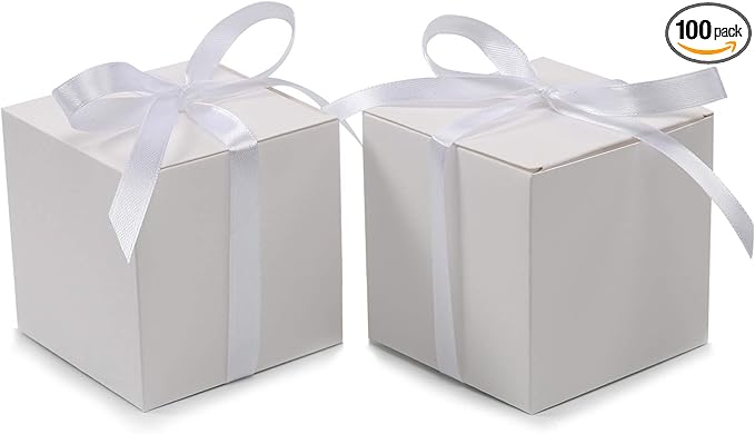 COTOPHER 100pcs Wedding Favor Boxes, Paper Gift Boxes 3x3x3 Inches Small Gift Boxes with Ribbons Small Boxes for Gifts, Crafting, Cupcake, Candy, Bridesmaid Proposal Boxes，Easy Assemble Boxes (White)