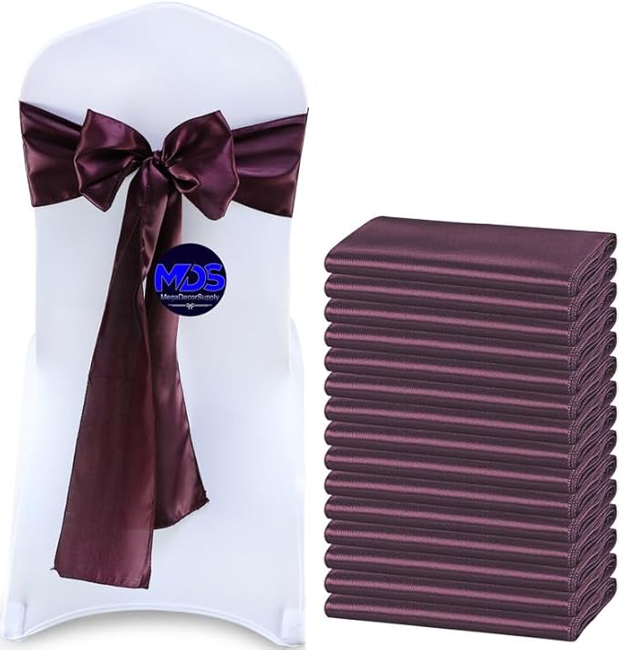 MDS Pack of 125 PCS Satin Chair Sashes Charmeuse Sateen Dining Chair Bows Ribbon Ties Back Sash for Wedding Party Birthday Home Hotel Restaurant Banquet Decoration (7 x 108 Inch, Plum)