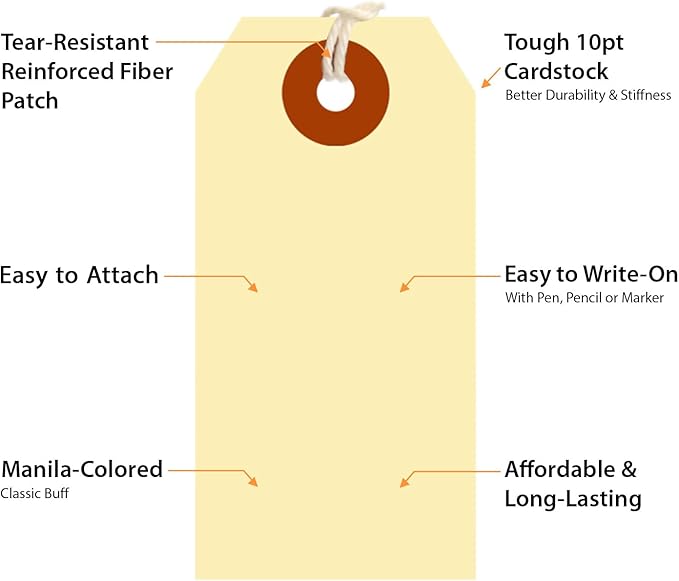 SmartSign Blank Shipping Tags with Pre-attached Loop Strings, Size-2, Pack of 1000, 10pt thick Manila Cardstock Tag, 3.25 x 1.625 inch Paper Hang Tags with Reinforced Fiber Patch