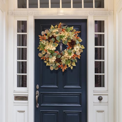 22 in fall hydrangea wreath with eucalyptus, pinecones, close-up detail