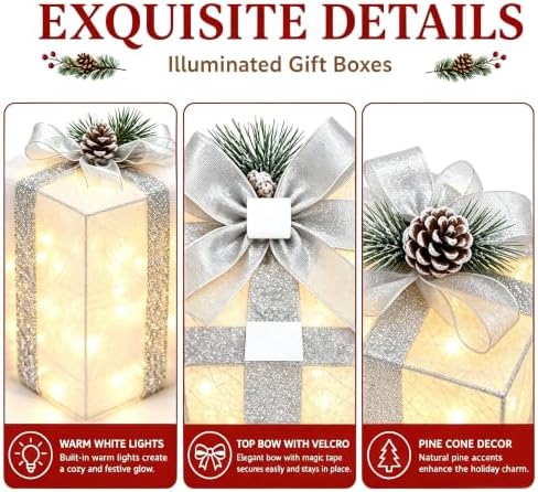 set of 4 christmas lighted gift boxes, battery, package contents