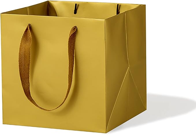 Gold Square Gift Bag 10 in Paper Gift Box Large Square Bottom Kraft Paper Bags with Handles for Party Favor, Birthday Gift Bags (Gold, 10 x 10 x 10 in, 10 CT)