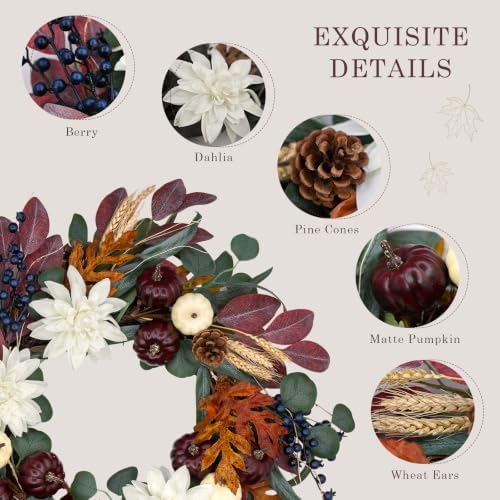 24 inch fall wreath for front door, autumn showing dimensions