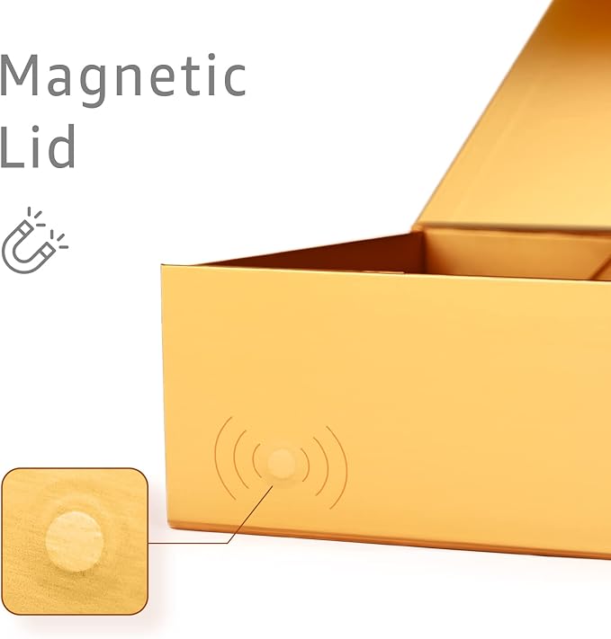 LIFELUM Gold Gift Boxes with Lids,1 Pack 13.85 x 8.35 x 4.45 inch Gift Box with Ribbon, Card, Shredded Paper Filler Gift Box for Valentine's day,Christmas,Birthdays, Bridal Gifts,Weddings