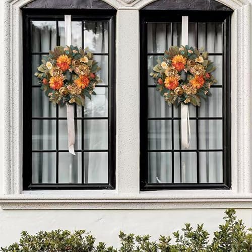 wanna-cul 24in fall front door wreath dahlia hydrangea showing dimensions