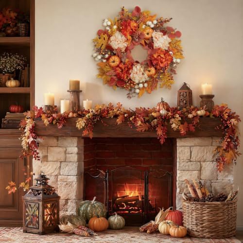 24 inch fall wreath for front door, artificial showing dimensions