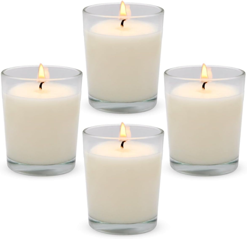 4 Packs Unscented White Votive Candles in Glass, 2 Inch Natural Soy Wax Scentless Candles for Christmas Wedding Party Home Decor Holidays Relaxation Spa, 12-15 Hour Burning Time