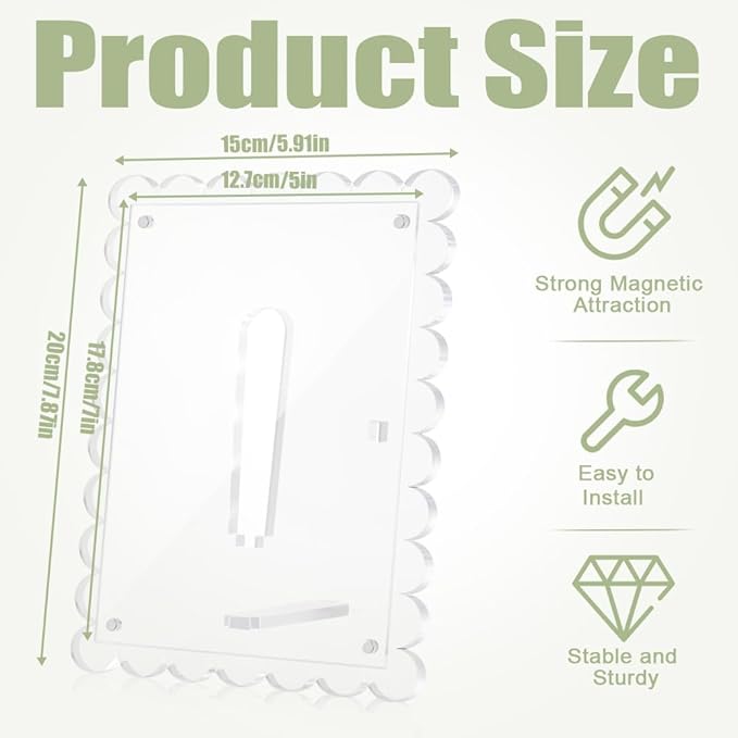 3 PCS 5x7 Inch Acrylic Picture Frames, Clear Scalloped Picture Frame with Removable Stand, Double Sided Transparent Magnetic Photo Frames for Home Office Refrigerator Tabletop Desktop Display