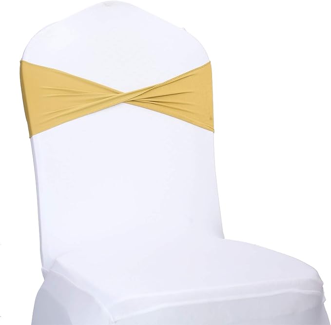 VDS Pack of 75 PCS | Gold | Spandex Chair Sashes Bows Without Buckle | Stretch Elastic Banquet Universal Folding Chair Band Tie with for Wedding Party Conference Celebration Event Decoration