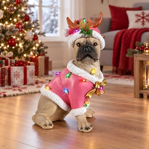 lighted christmas french bulldog statue, pink outfit and, side view