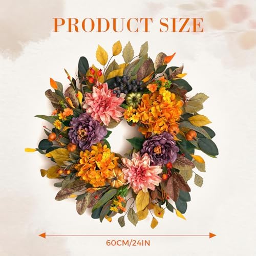 24" fall wreaths for front door outside,autumn wreath, side view