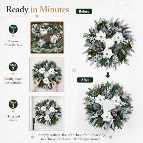 28inch winter wreath for front door, frosted magnolia showing dimensions