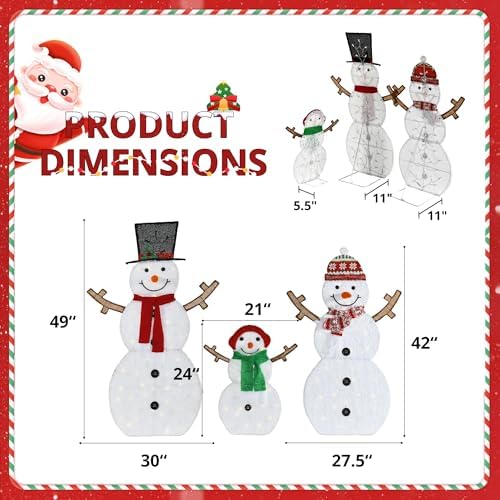 lighted snowman family outdoor christmas decoration, set of, close-up detail