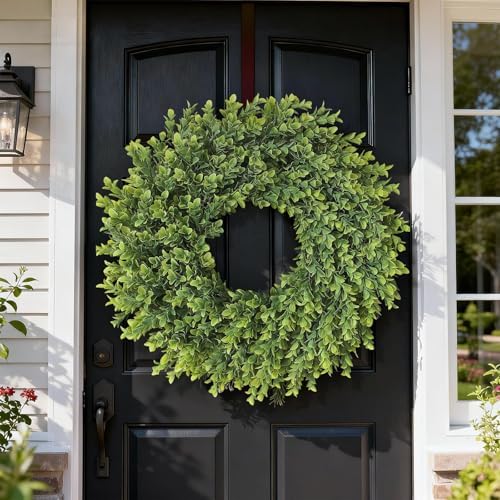 26"artificial boxwood wreath, large fake hanging plant for shown in use
