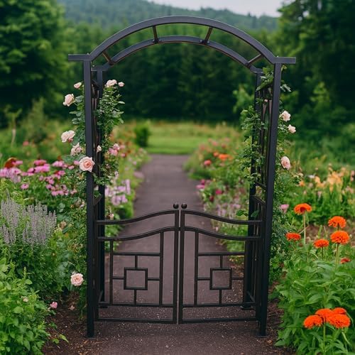 oakland living black aluminum garden arbor arch with shown in use