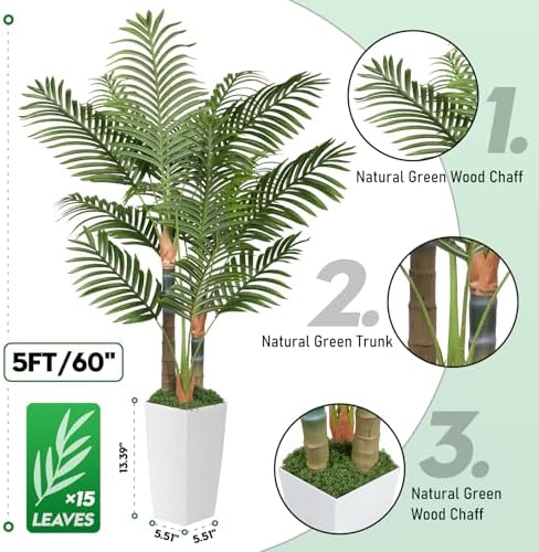 5ft artificial palm tree indoor plant，triple faux tropical, close-up detail