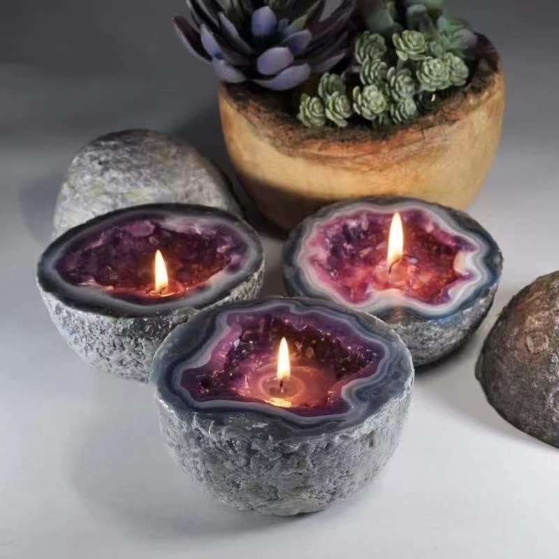 Decorative Resin Candle Holder Bowl, Natural Agate Design, Indoor Outdoor Aromatherapy Container (Purple, Large 2.36 * 4.72in)