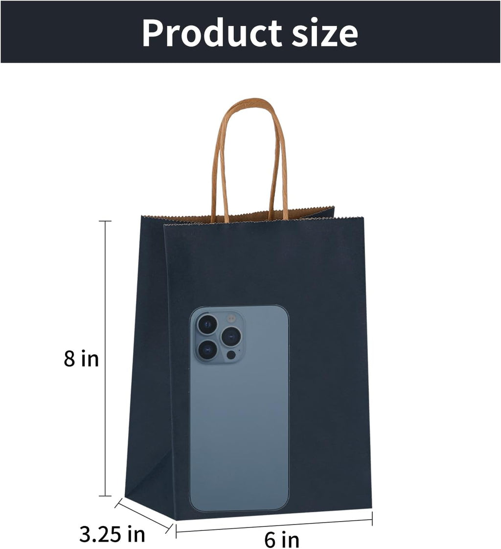 Joybe 100 Pack 5.95x3.25x8 Inch Small Navy Blue Paper Bags with Handles Bulk, Kraft Paper Gift Bags for Birthday Party Favors Grocery Retail Shopping Business Goody Merchandise Craft Blank Sacks
