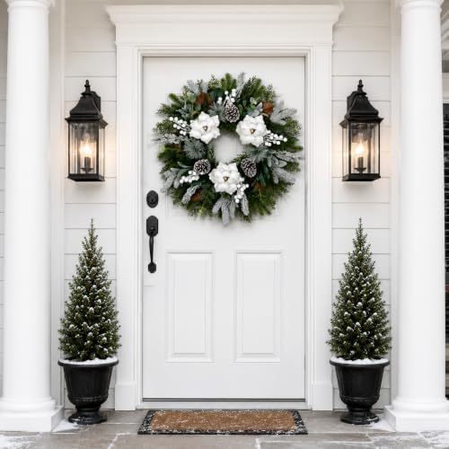 28inch winter wreath for front door, frosted magnolia, front angle view
