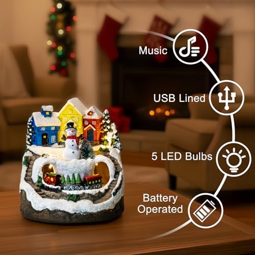 mxwcy christmas village house with moving train & showing dimensions