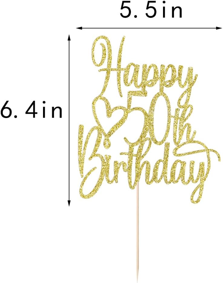Gold Glitter Happy 50th Birthday Cake Topper - Cheers to 50 Years Cake Topper, 50 & Fabulous Cake Decoration for Hello 50th Birthday Anniversary Party Cake Decorations Supplies