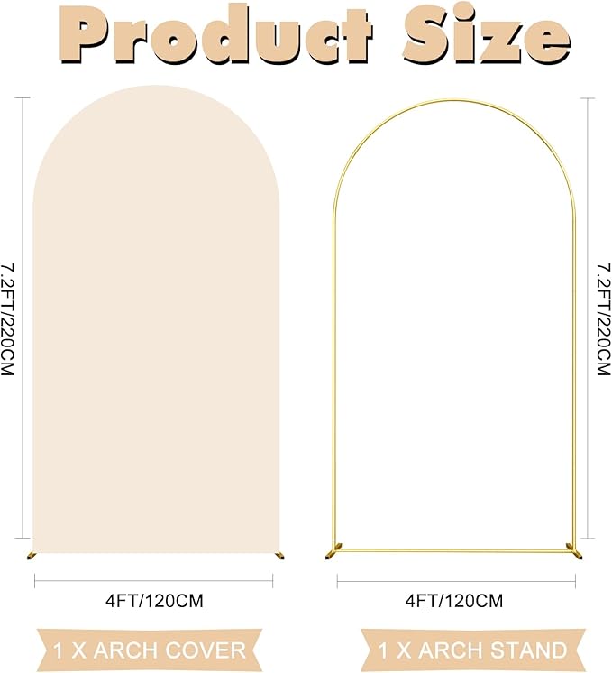 7.2FT Wedding Arch Backdrop Stand and Beige Arch Cover, Beige Spandex Fitted Backdrop Cover and Gold Wedding Arch Frame for Birthday Party Wedding Ceremony Bridal Baby Shower, Parties Decoration.