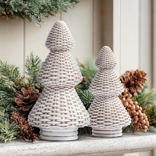 dn deconation white christmas tree figurines, natural rattan, side view