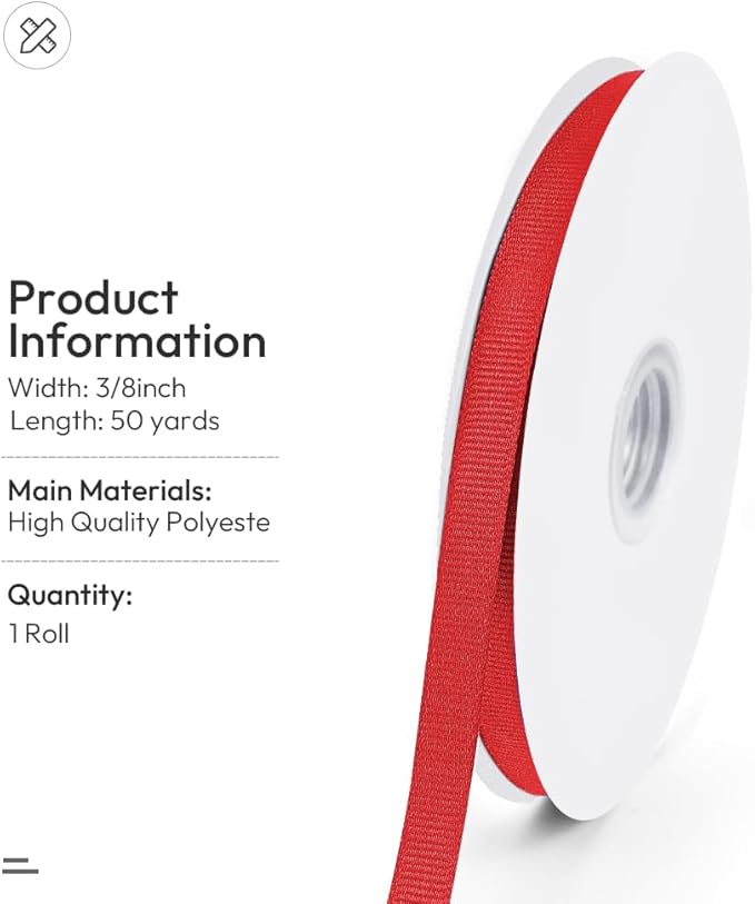 3/8" X 50 Yards Red Grosgrain Ribbon, Premium Grosgrain Ribbon for Sewing, Gift Wrapping, Bow Making, Wedding Decor, Wrapping and More (Red)